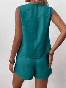 EMERY ROSE Women's Casual Summer Vacation & Commute Solid Color Wrap Button Sleeveless Top And Shorts 2-Piece Set - Teal Blue - View 2