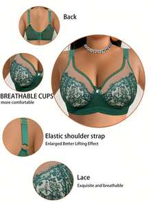 DesireSculpt 1pc Plus Size Lace Patchwork Wireless Bra - Green - View 5