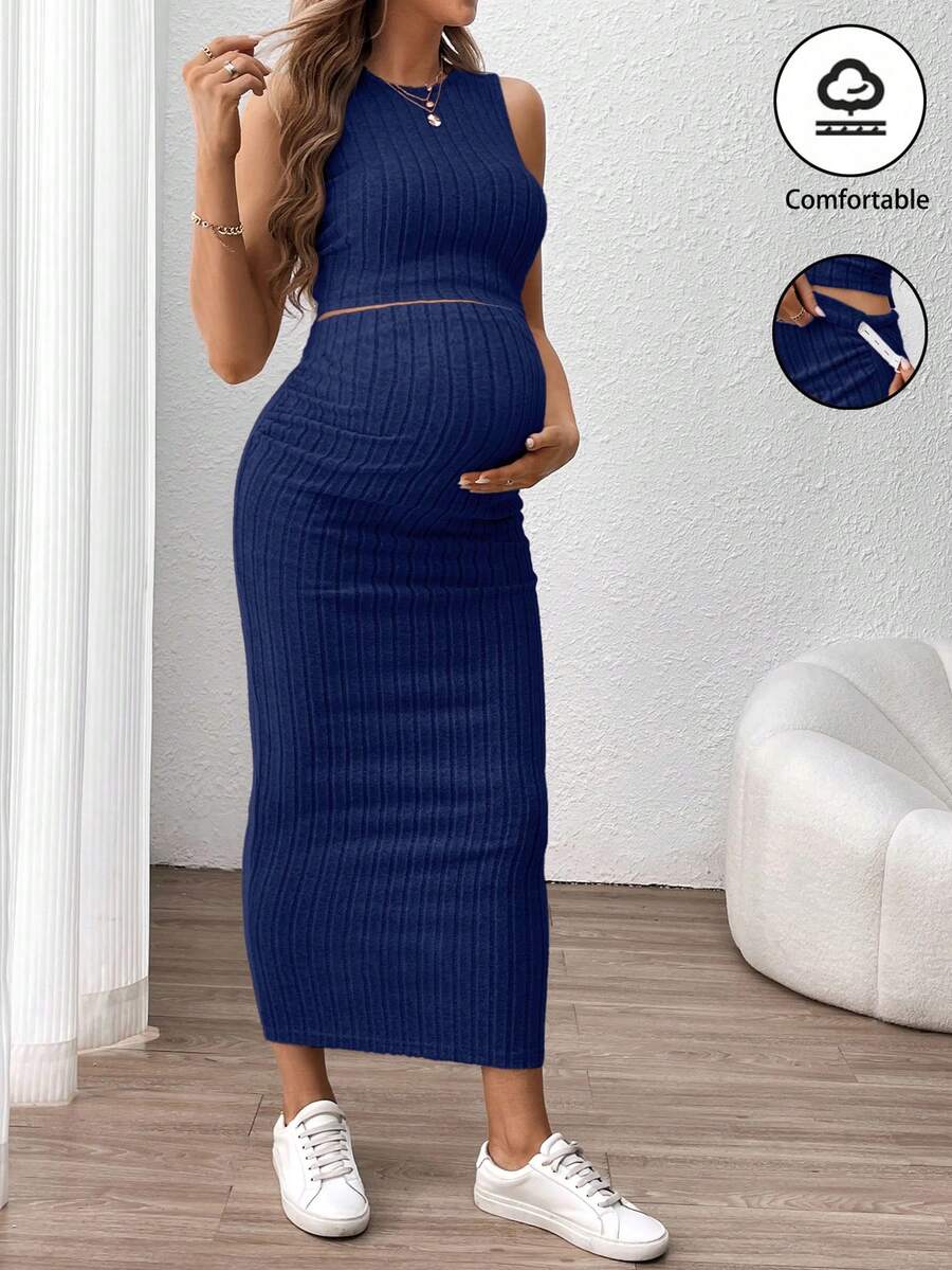 SHEIN 2pcs Maternity Solid Color Round Neck Ribbed Tank Top And Adjustable Waist Midi Skirt Casual Set - Navy Blue - View 1