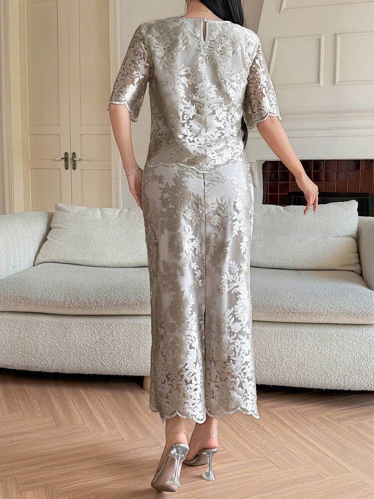 Women's Elegant Lace Round Neck Blouse And Straight Skirt 2 Pieces Set, Summer,Wedding Guest Dress Women