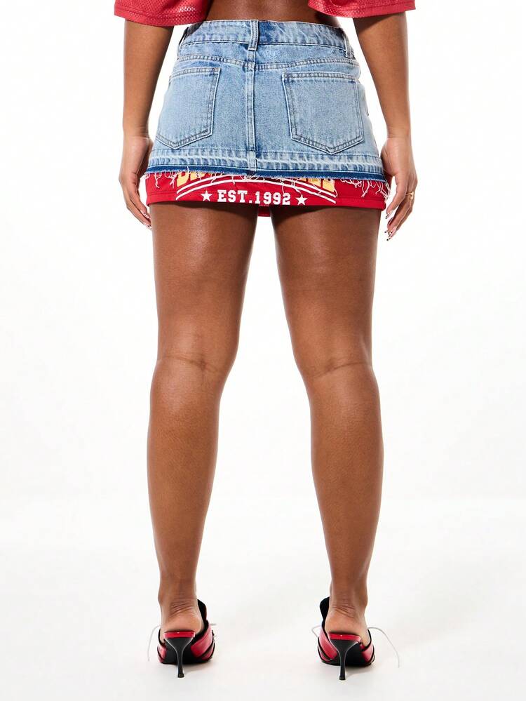 SUMWON WOMEN Deconstructed Denim Mini Skirt With Basketball Patches