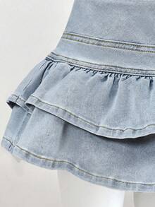 SHEIN ICON 大码女装 Y2K 时尚休闲荷叶边牛仔迷你裙 - 淺色水洗藍 - 查看 3