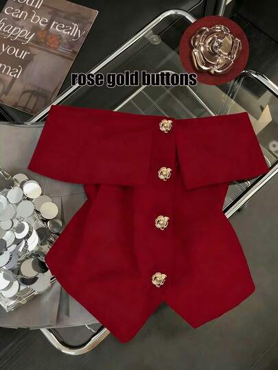 Franclia Blusa roja de hombros descubiertos con botón de rosa dorada, top ajustado y sexy para uso diario, fiestas elegantes, Día de San Valentín, Año Nuevo