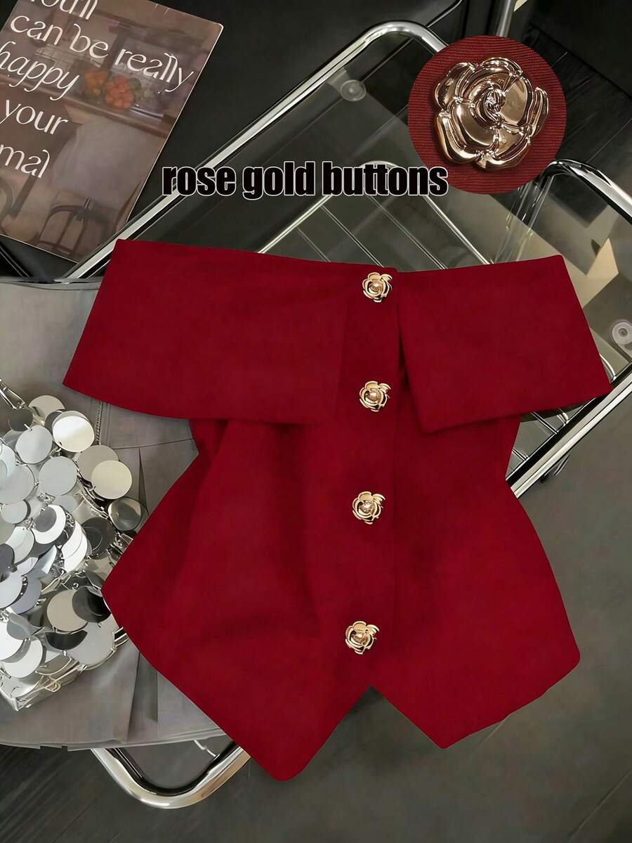 Franclia 女士红色露肩翻领衬衫，饰有金色玫瑰纽扣，修身性感，是情人节、优雅派对/生日上衣、情人节、休闲聚会和旅行的完美之选。 - 紅色 - 查看 1