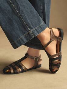 Rosivie 25 Spring/Summer New Hollow Woven Round Toe Retro Design Flat Women Shoes - Rust Brown - View 2
