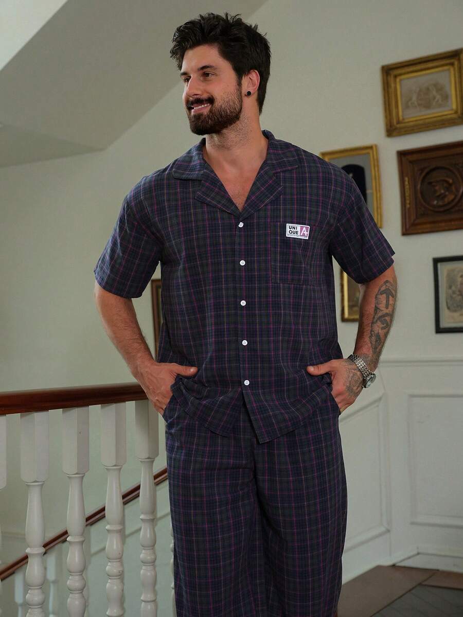 DAZY Men's Short Sleeve Top And Long Pants Pajama Set, Spring/Summer - Multicolor - View 1