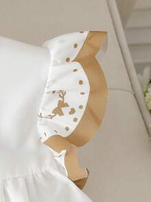 SHEIN Infant/Baby GirlWhite Fabric Round Neck Dress With Brown Satin Bow, Ruffle Sleeves, Foot Print & Heart Embroidery, Fresh & Sweet Pastoral Style, Lightweight For Summer - Multicolor - View 5