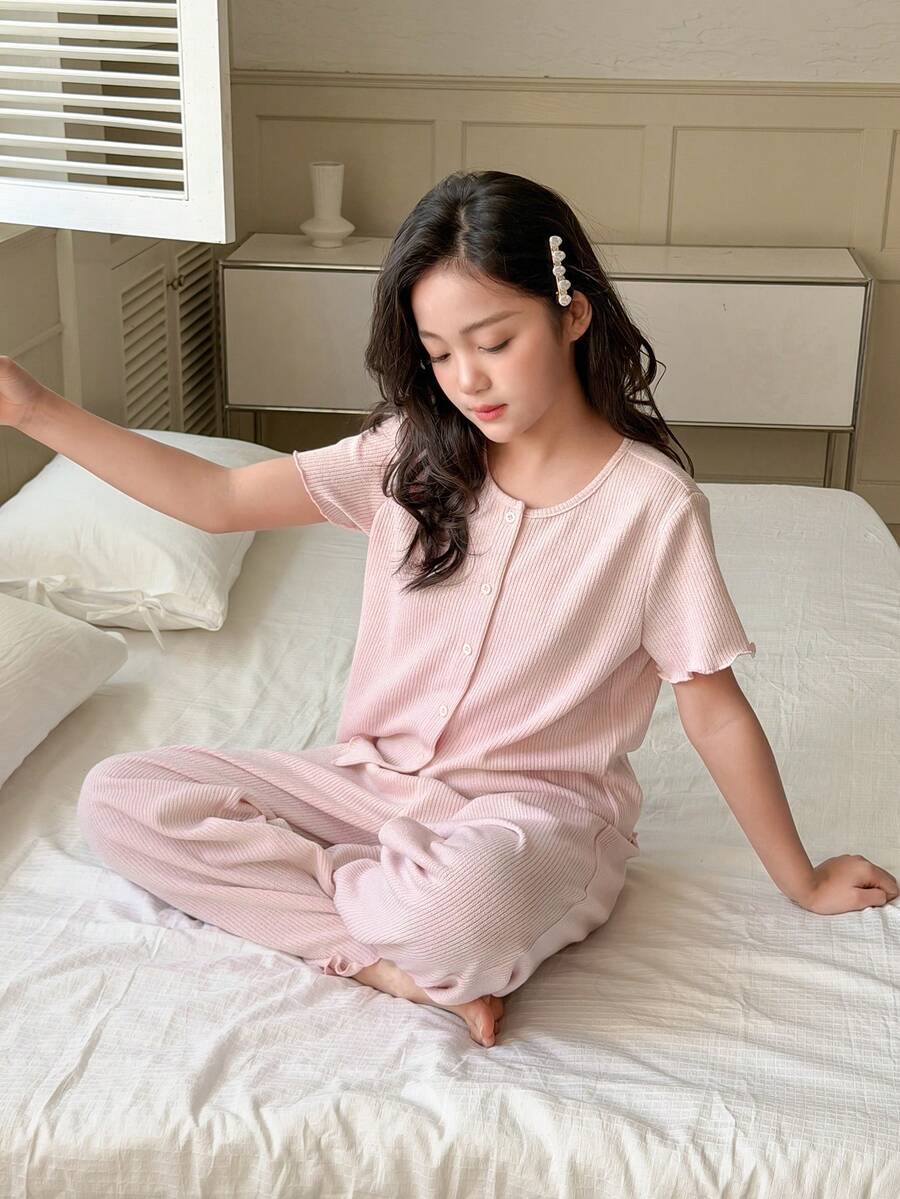 DAZY Tween Girl Crew Neck Ribbed Single-Breasted Short Sleeve Top And Wide Leg Pants Casual Loungewear Set - Pink - View 1