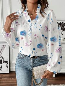 EMERY ROSE Women's Casual Vacation Lantern Sleeve Floral Print V-Neck Blouse - Multicolor - View 6