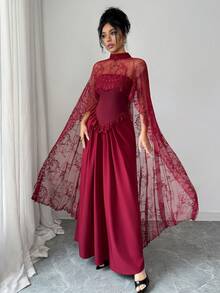 SHEIN Elenzya 新款春夏女士优雅长款红色连衣裙，适合情人节约会、派对、新年、日常聚会、婚礼、伴娘等场合，蕾丝拼接连衣裙 - 酒紅色 - 查看 3