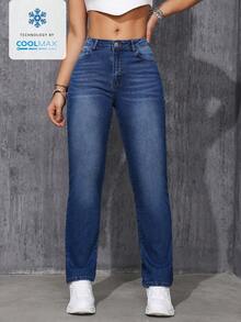 SHEIN ICON Women's Fashion Casual Washed Slant Pocket Straight Leg Jeans - Dark Wash - View 4