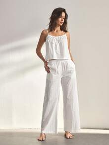 Ocili Women's Comfortable Cotton Cutout Bohemian Soft Drawstring Relaxed Casual Jumpsuit, Chic Autumn Loungewear Set - White - View 4