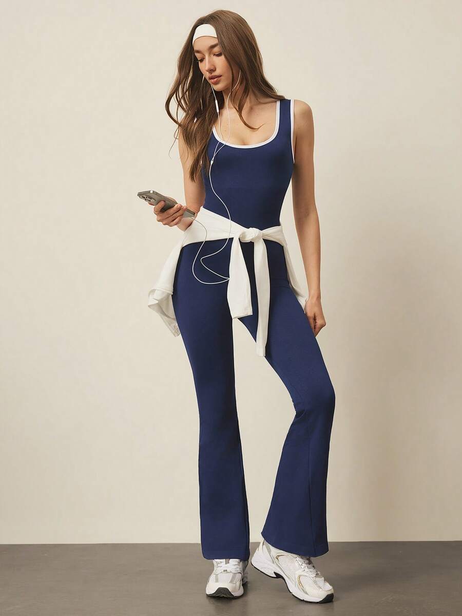With My Calm Contrast Trim Scoop Neck Tight Flared Leg Sleeveless Jumpsuit - Blue - View 1