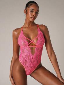 SHEIN BAE Floral Lace Criss Cross Lace Up Backless Teddy Bodysuit Lingerie - Hot Pink - View 5