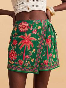 Travachic Women's Vacation Palm Tree Print Side Tie Asymmetric Hem Skirt Pants - Multicolor - View 5