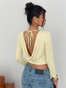 SHEIN EZwear 女士米黄色露背修身长袖T恤，米黄色T恤 - 淡黃色 - 查看 5