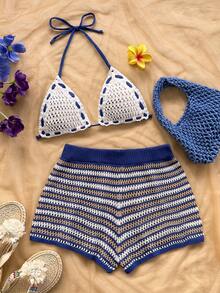 Soleia Plus Size Spring/Summer Casual Vacation Western Beach Wedding Guest Attire, Graduation Brunch, St. Patrick's Day Spring Break, Easter, Music Festival, Elegant Boho Tropical Chic Blue Striped Knit 2 Pieces Set,Summer Outfits,Spring Outfit Women, Festival Outfits For Women,Beach Outfits For Women ,Beach Vacation Outfits For Women, - Multicolor - View 4