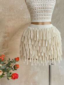 Soleia Women's V-Neck Halter Tie Backless Crop Top And Fringe Hem Mini Skirt 2 Piece Set, Suitable For Party, Christmas, Date Night, Nightclub, Bohemian, Boho, Vacation, Fall - Beige - View 6