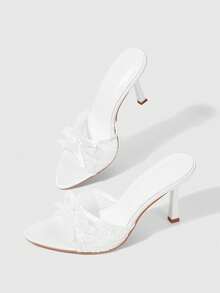 Sleekvia New Fashionable Versatile Rhinestone Bow Strap Stiletto High Heel Sandals For Christmas - White mesh - View 2