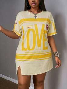 Slaydiva Vestido de manga corta con abertura lateral, hombros caídos y color rosa para vacaciones de principios de primavera en tallas grandes - Amarillo - Ver 4