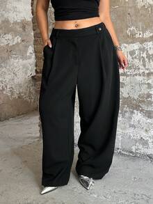 POPSWAY Quần ống rộng xếp ly màu trơn dành cho nữ cỡ lớn, có túi thật, thích hợp cho mùa xuân/hè. - màu đen - Xem 1