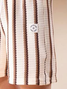 SUMWON Striped Crochet Polo And Short Co-Ord Set Collared Button Placket Summer Outfit Two Piece Casual Ensemble Vertical Stripe Pattern Textured Knit Vacation - Multicolor - View 6