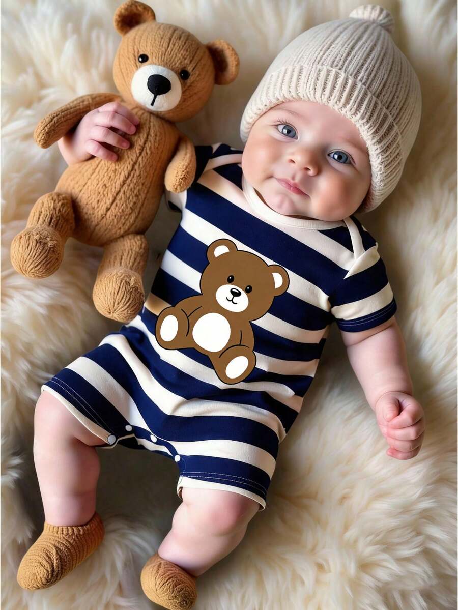 SHEIN Playful Pals Baby Boy Striped Bear Print Short Sleeve Romper, Casual Outfit Suitable For Spring/Summer Holidays