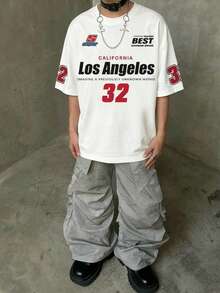 Manfinity Dauomo 男士街头酷炫赛车手T恤，洛杉矶英文图案短袖休闲Y2K T恤 - 彩色 - 查看 1