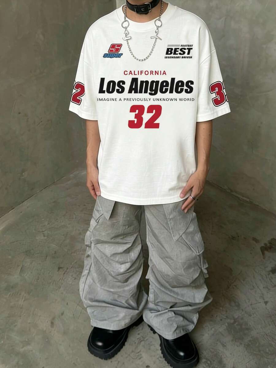 Manfinity Dauomo 男士街头酷炫赛车手T恤，洛杉矶英文图案短袖休闲Y2K T恤 - 彩色 - 查看 1