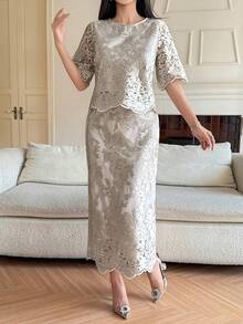 DAZY Bộ đồ 2 món thanh lịch dành cho nữ: Áo kiểu cổ tròn ren và chân váy suông, thích hợp cho mùa hè, dự tiệc cưới. - Màu be - Xem 3
