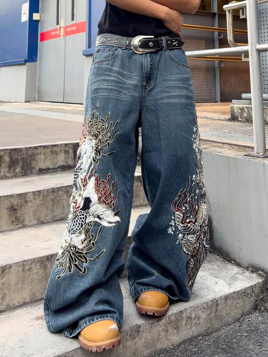 ROMWE MEN Jeans de corte holgado con patrón bordado para hombre - Azul lavado oscuro - Ver 1