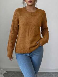 Women's Solid Color Round Neck Long Sleeve Casual Pullover Sweater, Autumn/Winter - Redwood - View 4