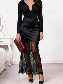 NOVVYNE Women's Ruched Fitted Long Sleeve Blouse, U-Neck, Elegant Sexy Office Wear - Black - View 1