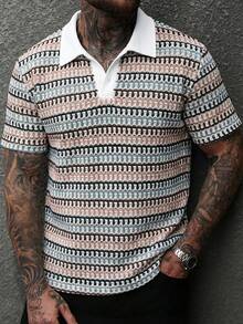 Manfinity CasualCool 男士复古纹理四分之一扣短袖 Polo 衫，夏季 - 彩色 - 查看 5
