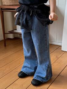 DAZY 女童蝴蝶结刺绣喇叭牛仔裤 - 藍色 - 查看 5