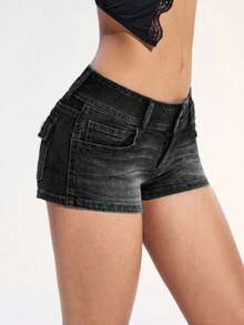 SHEIN ICON Quần short denim đen dáng ôm có túi dành cho nữ cỡ lớn, thời trang thường ngày. - màu đen - Xem 5