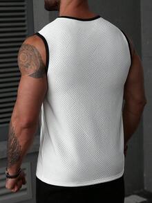 Manfinity Homme 男士休闲波浪纹理撞色罗纹无袖背心，适合日常穿着、户外活动、居家、约会、海滩等场合，白色，男士礼物，夏季宽松圆领背心，街头风，旅行穿搭，日常休闲装 - 黑與白 - 查看 2