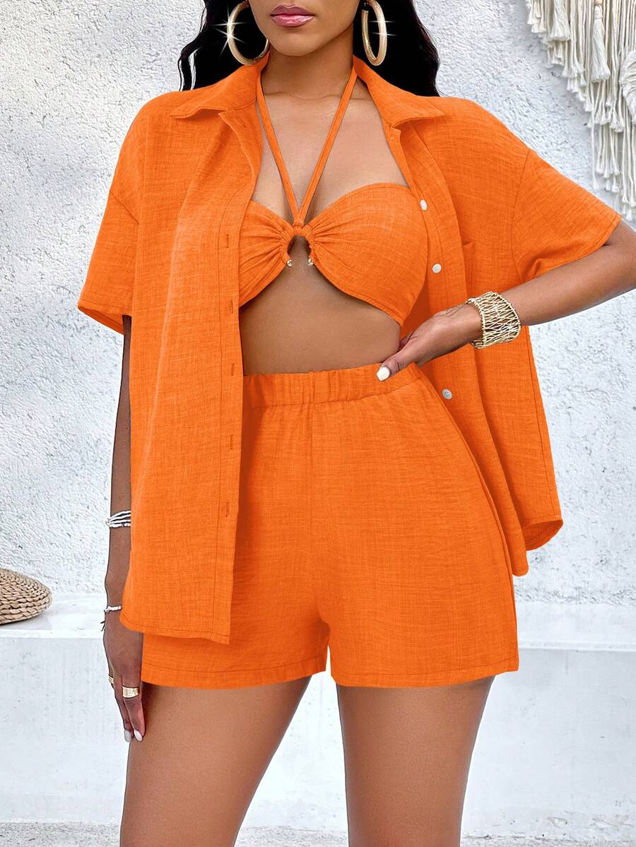 SOLERSUN 落肩衬衫和领带露背吊带上衣和短裤 - 亮橙色 - 查看 1