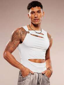 FeverCity Áo tank top nam không tay cổ tròn khoét lỗ, chất liệu dệt kim, kiểu dáng thường ngày, thích hợp cho mùa xuân/hè. - trắng - Xem 3
