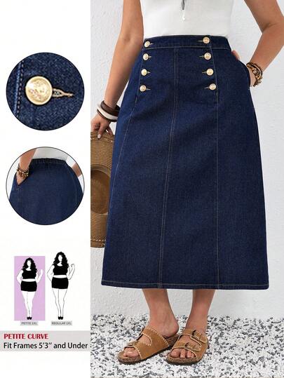 SHEIN Tall CURVE 春夏大码情人节度假休闲女式腰部优雅金色搭扣设计口袋休闲牛仔中长裙