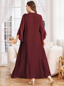 Lacomfia Plus Size Women Solid Color Chiffon Patchwork Modest Casual Dress - Burgundy - View 2