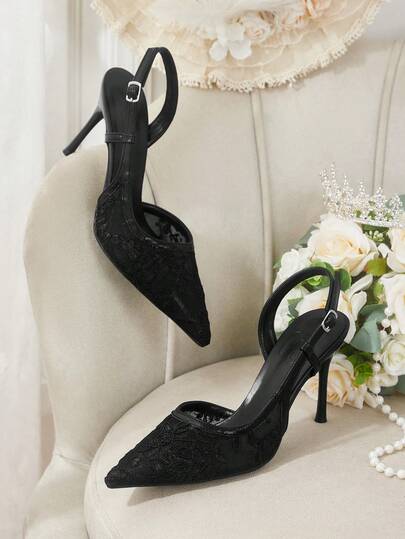 CUCCOO HITCHD Women Shoes Pointed Thin Heel Black Mesh Lace Simple Slingback Women's Slingback Shoes Wedding Party Banquet Simple Fashion Sexy Women's High Heel Shoes Women's Shoes