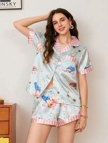 Young Fashion High-End Abstract Light Blue & Pink-White Striped Front Open 2 Pieces Women Pajama Set - Multicolor - View 3