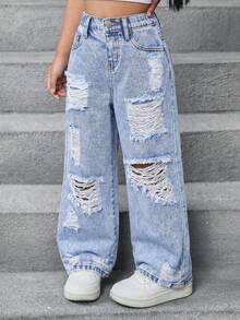 Quần jean denim rách nhẹ màu xanh nhạt, dáng rộng, phong cách Y2K mới cho bé gái, thích hợp cho mùa xuân hè, đi nghỉ mát, phong cách đồng quê, boho, đi biển, phong cách đường phố miền Tây, kỳ nghỉ xuân, lễ hội âm nhạc, quần jean, quần jean cho bé 4 tuổi, quần jean mùa hè, quần jean dễ thương, quần jean rộng kiểu Y2K những năm 2000. - Rửa nhẹ - Xem 5