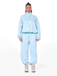 BABYPHAT Oversized Funnel Neck Full Zip Sweatshirt With Rhinestone Crystal Embellishments Long Sleeve Casual Comfort Winter Streetwear - Baby Blue - View 5
