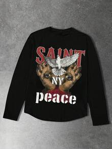 GENIUS ODE Streetwear Dark Angel Print Long Sleeve T-Shirt, Loose Fit Crew Neck Graphic Tee For Men - Black - View 1