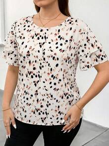 Reflora Elegant Plus Size Round Neck Double Layer Sleeve Geometric Polka Dot Print Loose Blouse - Apricot - View 6