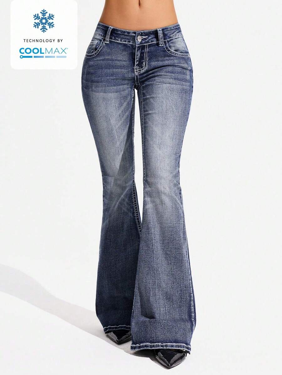 Jeanoix 女士超低腰口袋休闲喇叭牛仔裤 - 深色水洗藍 - 查看 1