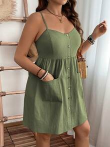 EMERY ROSE Plus Size Casual Daily Summer Pure Cotton Textured Fabric Pocket Waist Midi Strap Dress - Green - View 1