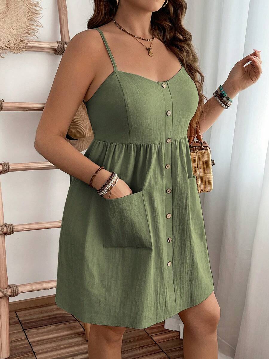 EMERY ROSE Plus Size Casual Daily Summer Pure Cotton Textured Fabric Pocket Waist Midi Strap Dress - Green - View 1